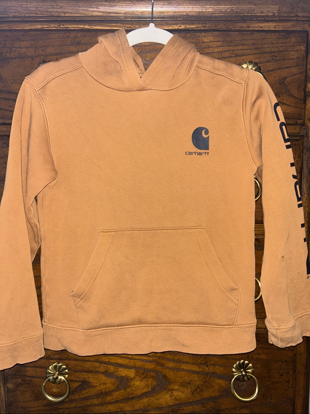 Carhartt Kids Classic Tan Hooded Sweatshirt with Logo, Size M